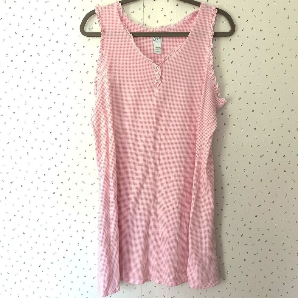 Aria Short Sleeveless Nightgown L Pink Checks Lace Cotton Cottagecore Romantic